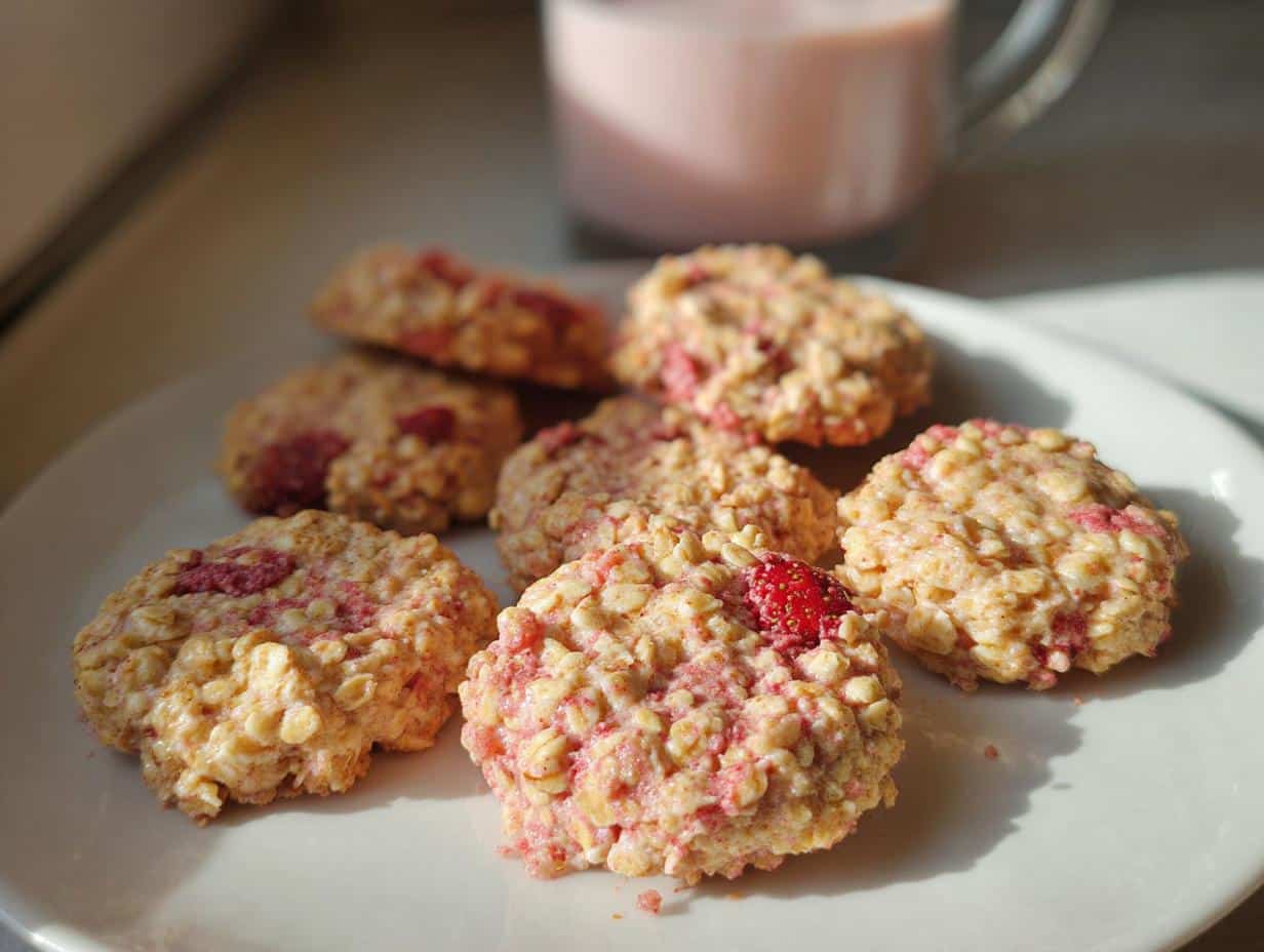 A close-up of several No-Bake Strawberry Vanilla Cashew Cookies featuring oats and pink strawberry pieces, served on a white plate.