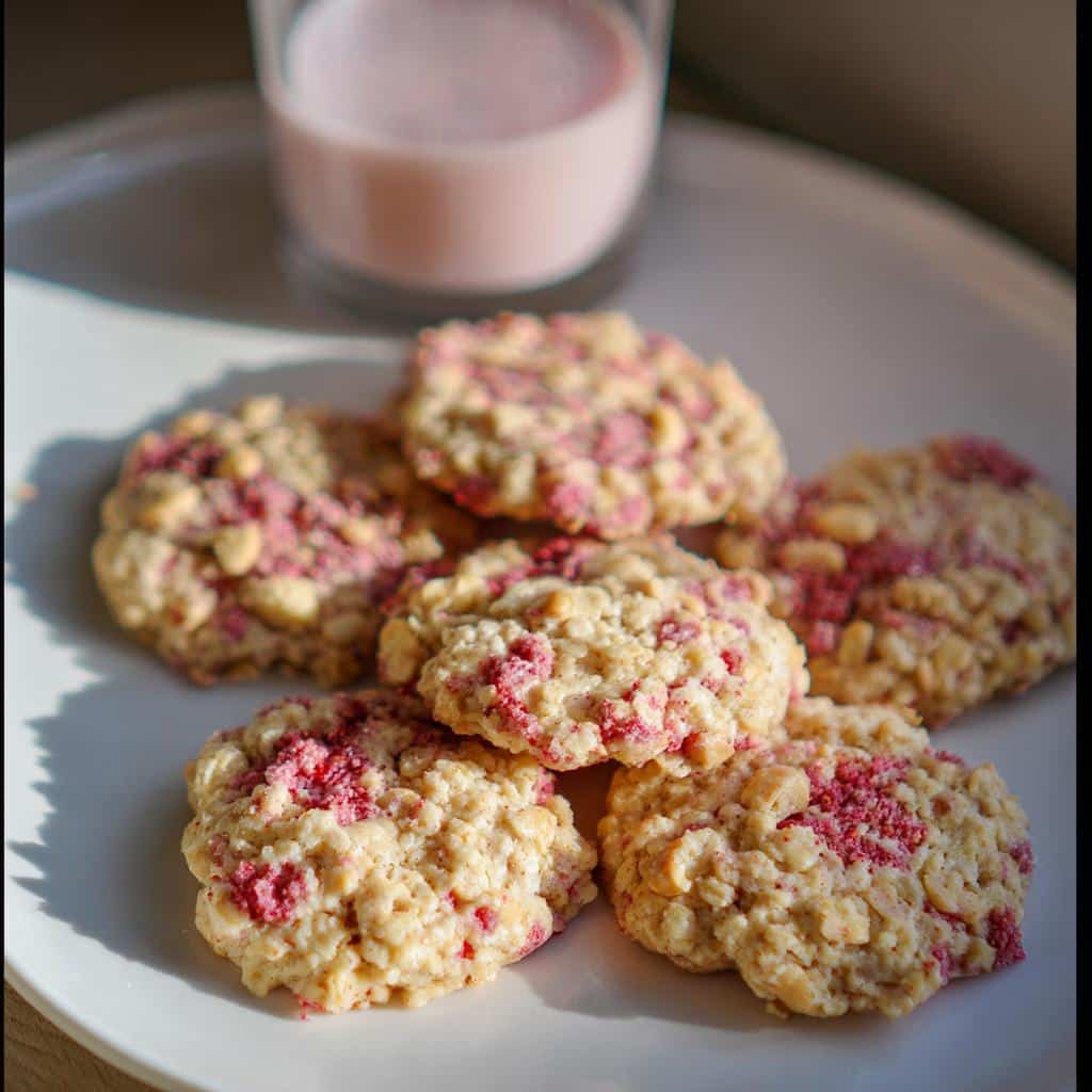A stack of No-Bake Strawberry Vanilla Cashew Cookies with visible cashew pieces and pink strawberry topping, next to a glass of pink milk.