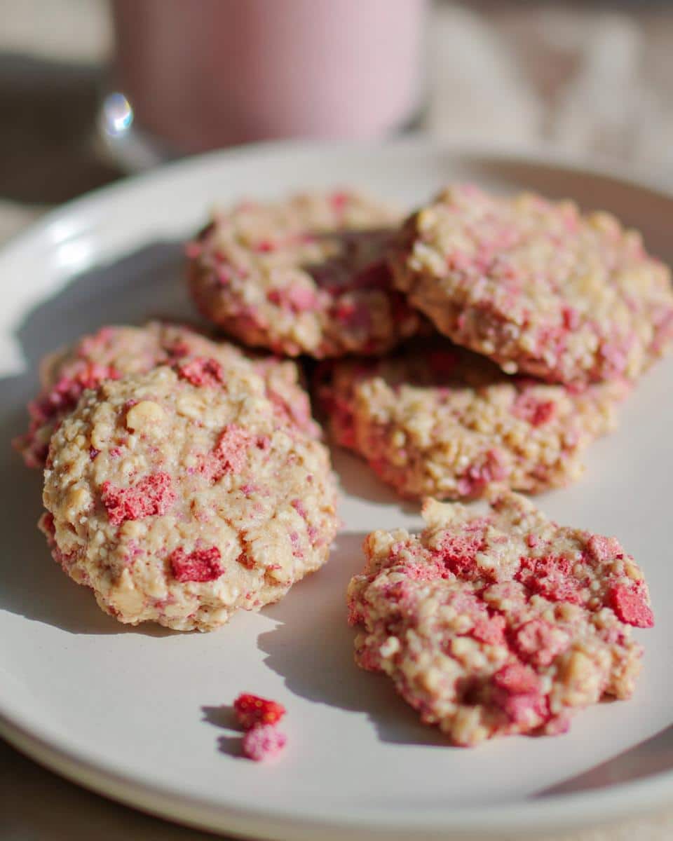 A close-up of several No-Bake Strawberry Vanilla Cashew Cookies with visible oats and pink strawberry pieces on a white plate.