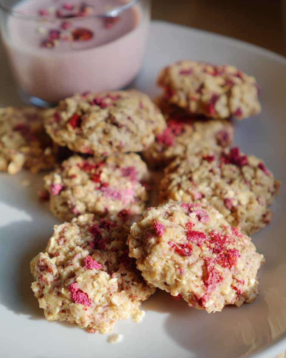 A pile of No-Bake Strawberry Vanilla Cashew Cookies topped with bright pink freeze-dried strawberry pieces, next to a pink drink.