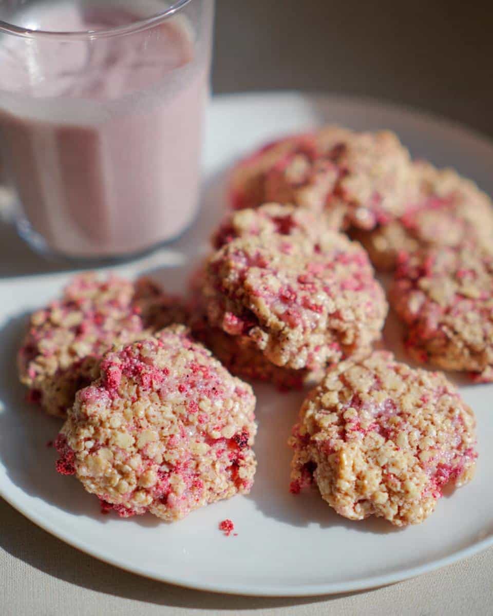Several No-Bake Strawberry Vanilla Cashew Cookies topped with pink crumble next to a glass of pink drink.