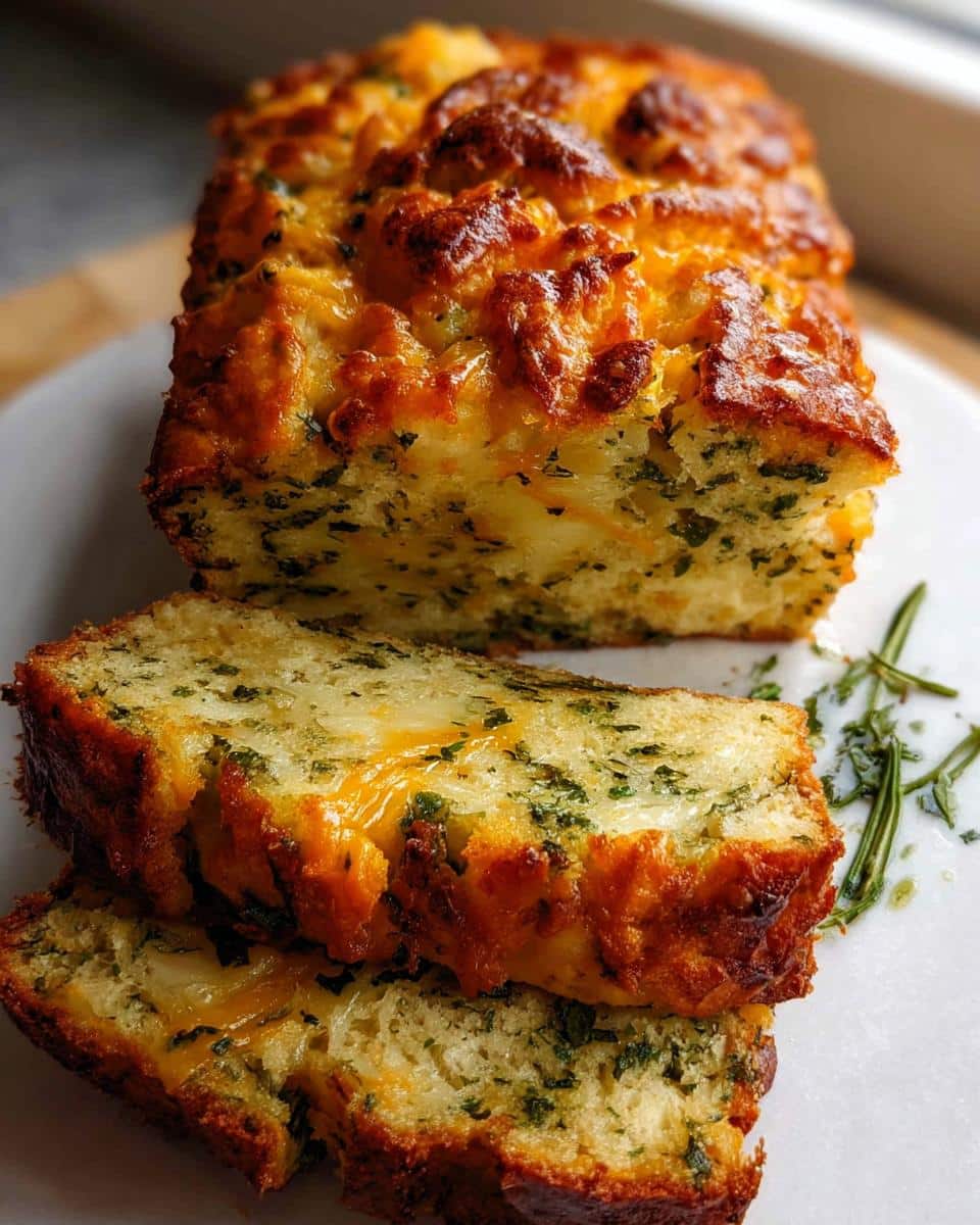 Close-up of sliced No-Yeast Cheddar Quick Bread, showing melted cheese and green herbs throughout the loaf.
