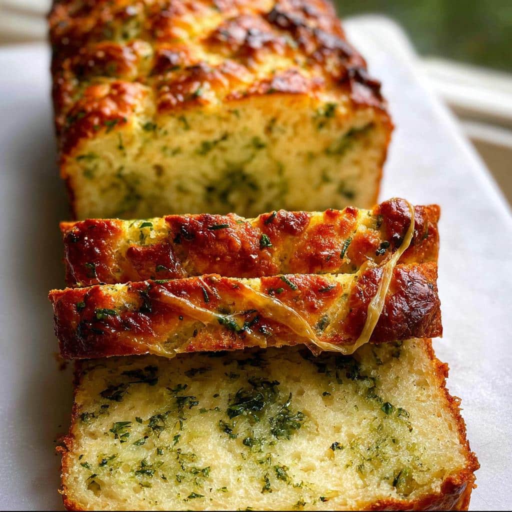 Slices of golden-brown No-Yeast Cheddar Quick Bread, showing melted cheese and green herbs throughout the loaf.