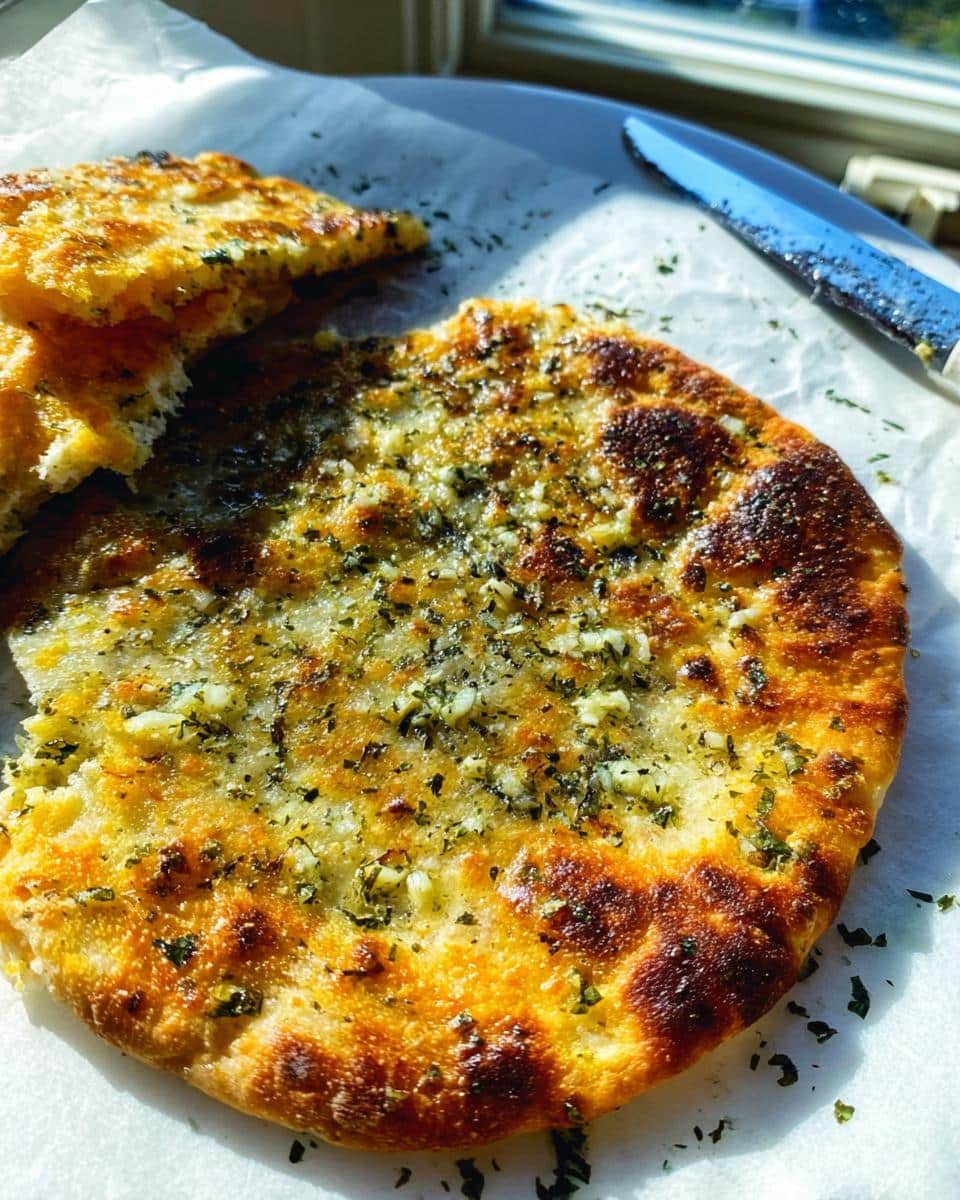 Close-up of a golden, charred No-Yeast Garlic Flatbread topped generously with minced garlic and dried herbs.
