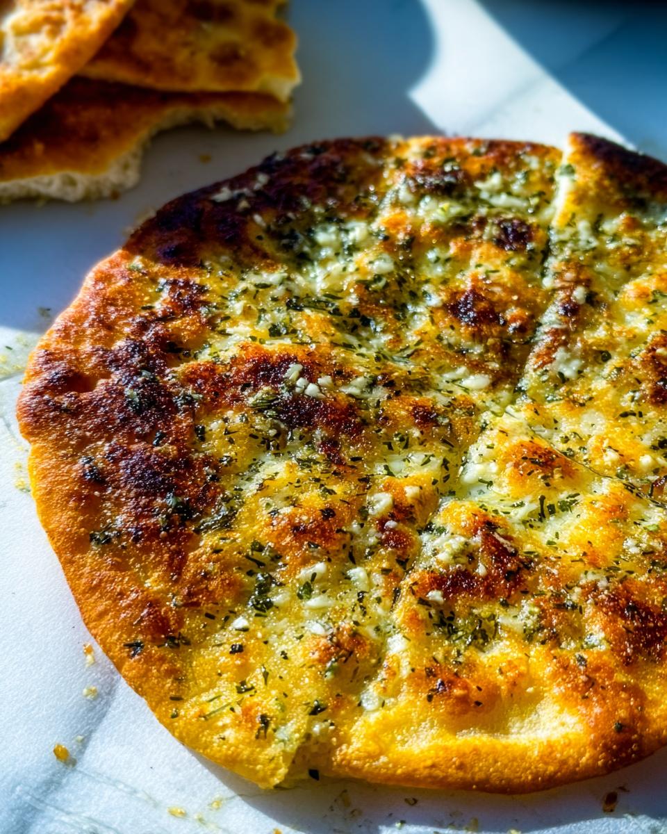 Close-up of a golden-brown No-Yeast Garlic Flatbread, glistening with butter, garlic, and herbs.