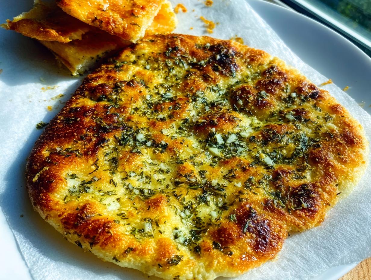 A golden brown, round No-Yeast Garlic Flatbread generously topped with minced garlic and green herbs, served on a white plate.