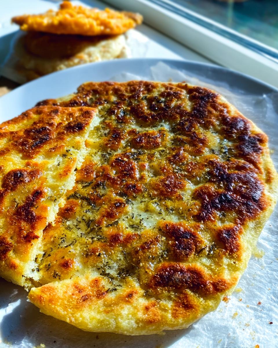 Close-up of a golden-brown, pan-fried No-Yeast Garlic Flatbread topped with melted butter and herbs.