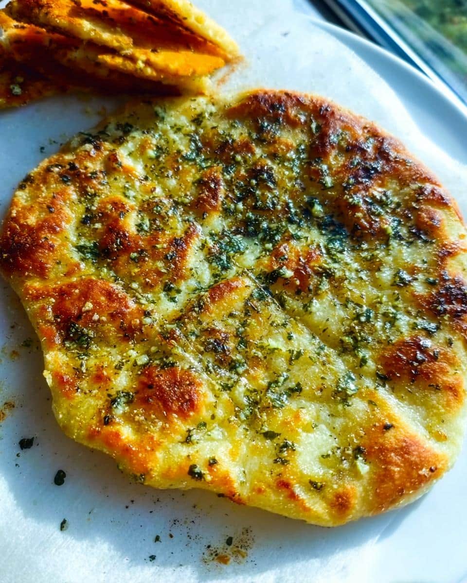Close-up of a freshly cooked No-Yeast Garlic Flatbread topped with melted butter, garlic, and green herbs.