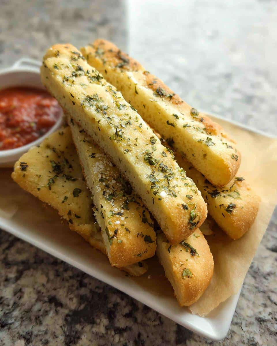 A stack of golden No-Yeast Herb Breadsticks seasoned with dried herbs and salt, served with a side of marinara sauce.