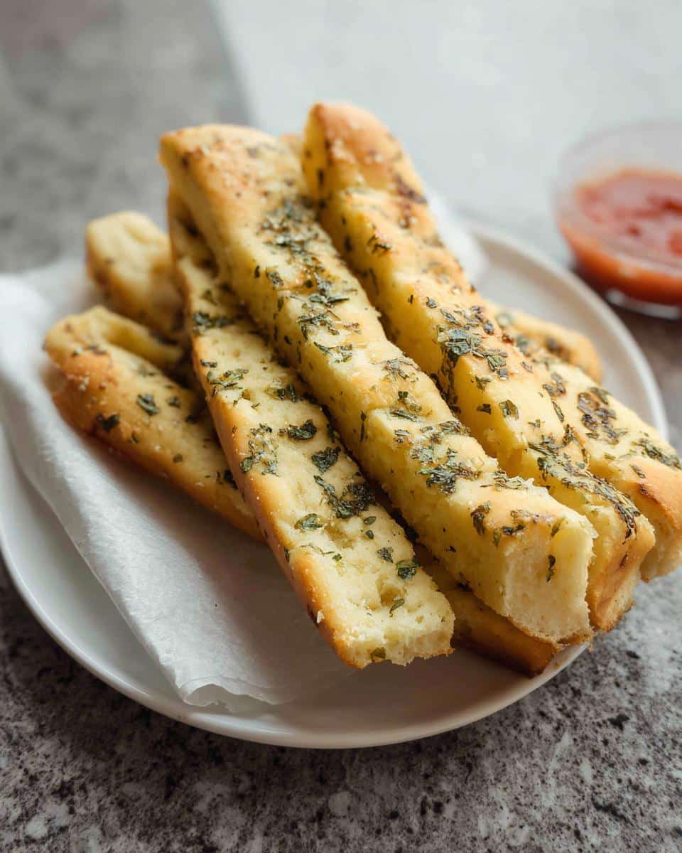 A stack of fluffy No-Yeast Herb Breadsticks seasoned with dried green herbs, served on a white plate.