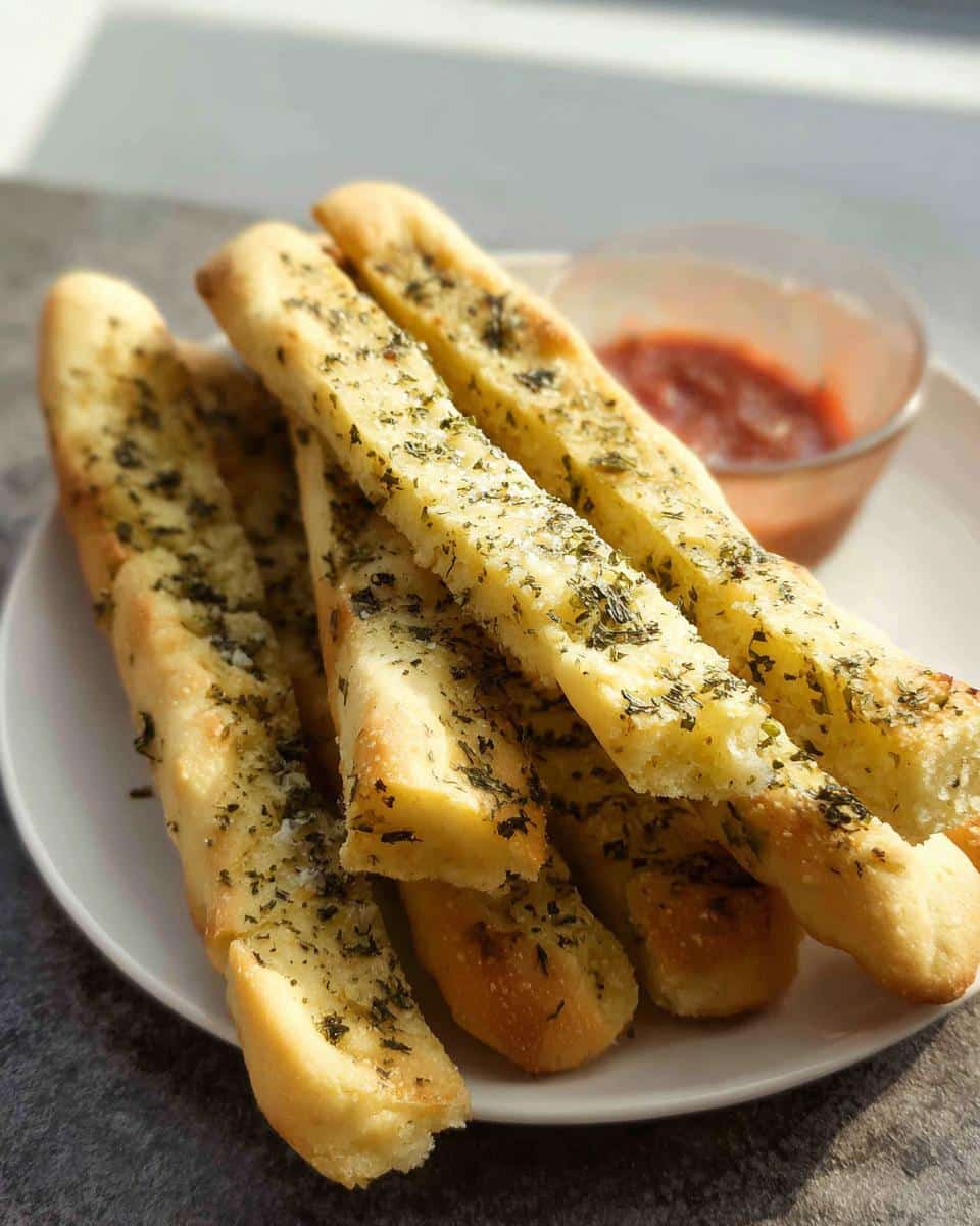 A stack of golden No-Yeast Herb Breadsticks seasoned with dried herbs, served on a white plate with a side of dipping sauce.