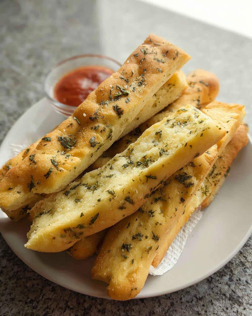 A stack of golden No-Yeast Herb Breadsticks seasoned with visible herbs and salt, served with a side of marinara sauce.