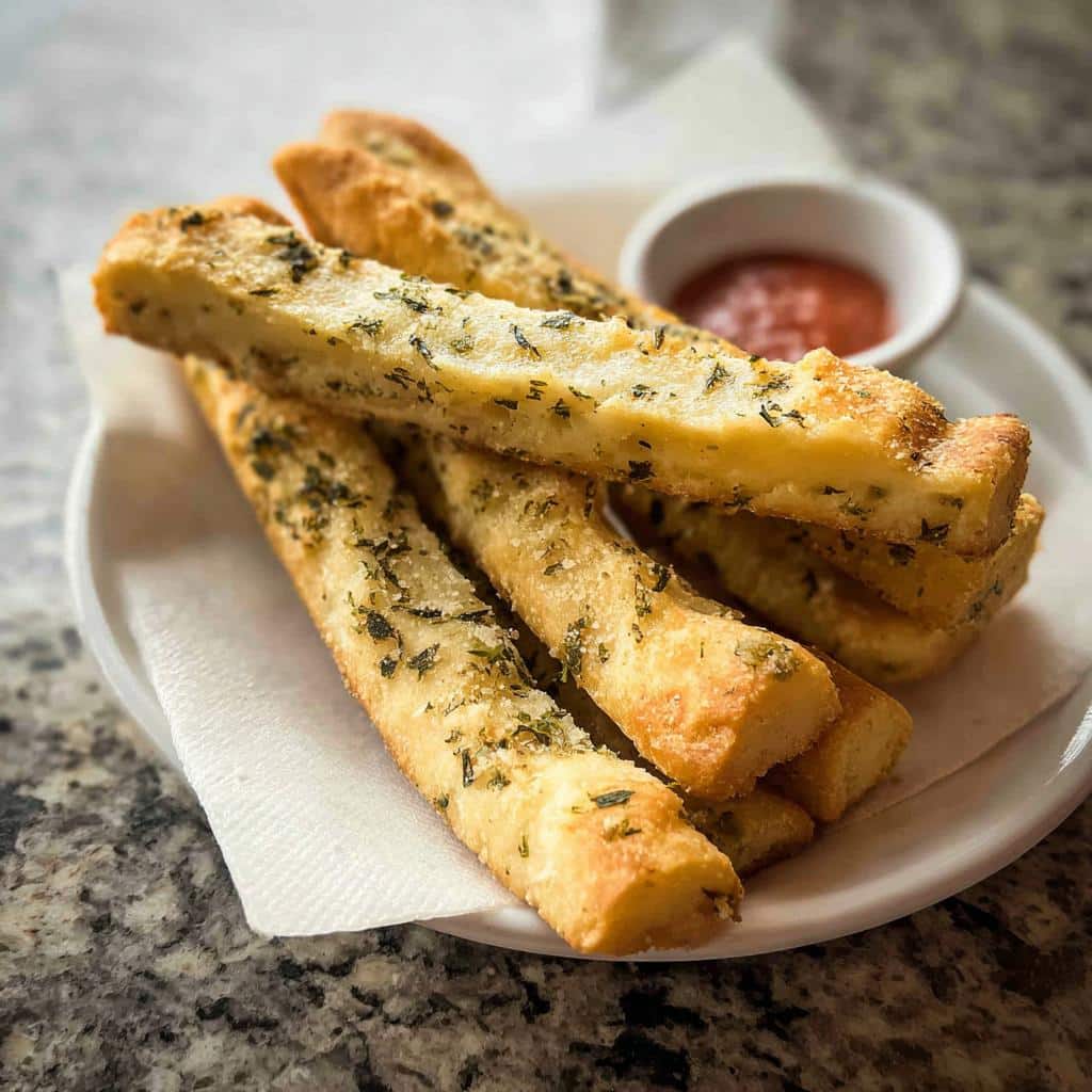A stack of golden, savory No-Yeast Herb Breadsticks sprinkled with dried herbs, served on a white plate with a side of marinara sauce.