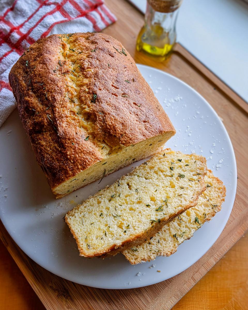 A golden-crusted No-Yeast Olive Oil Bread loaf partially sliced on a white plate, sprinkled with herbs.