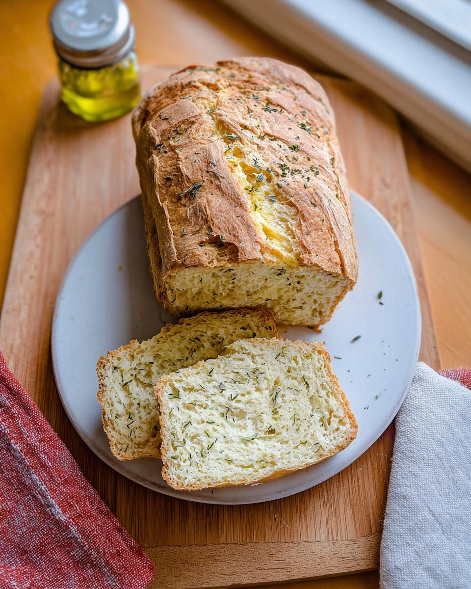 A freshly baked loaf of No-Yeast Olive Oil Bread, partially sliced, showing herbs baked into the crumb.