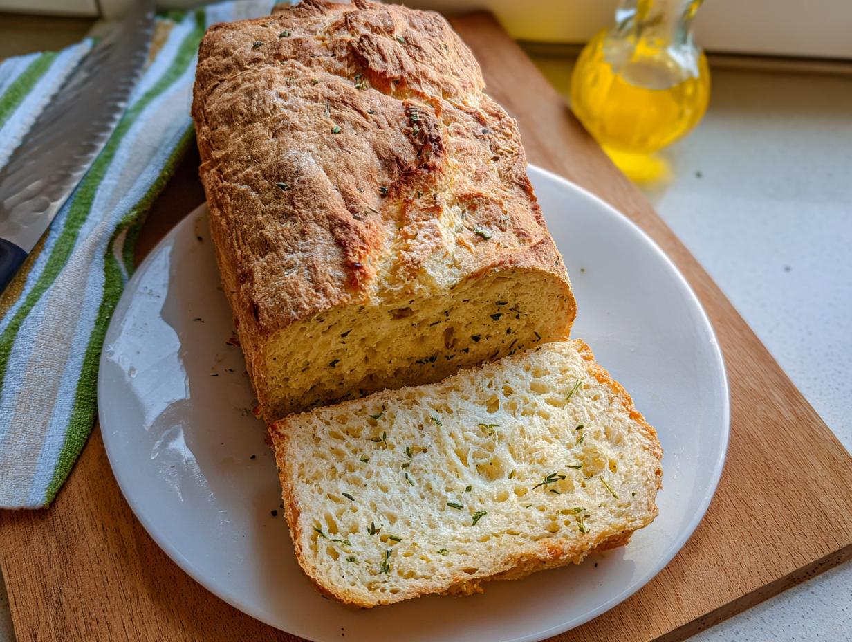 A loaf of freshly baked No-Yeast Olive Oil Bread, sliced to show the soft interior flecked with herbs.