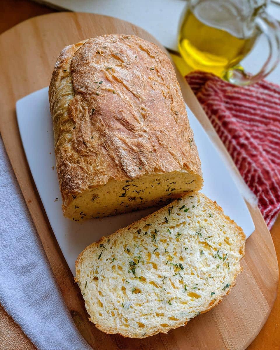 A loaf of No-Yeast Olive Oil Bread, partially sliced, showing the soft interior studded with green herbs.