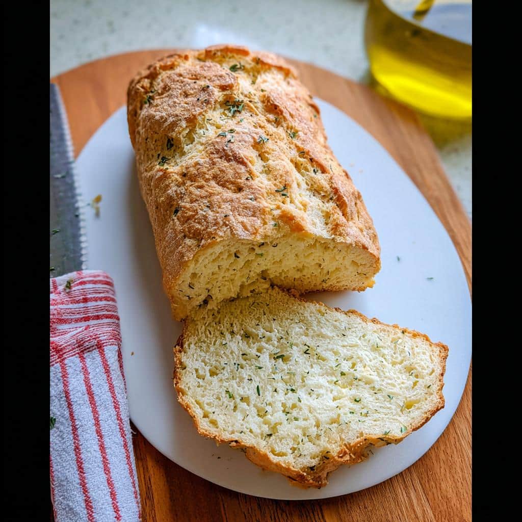 A loaf of freshly baked No-Yeast Olive Oil Bread, sliced to show the soft interior flecked with green herbs.