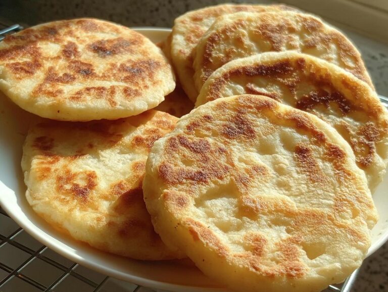 A stack of golden-brown, round No-Yeast Pan Bread pieces resting on a white plate, freshly cooked on the stovetop.