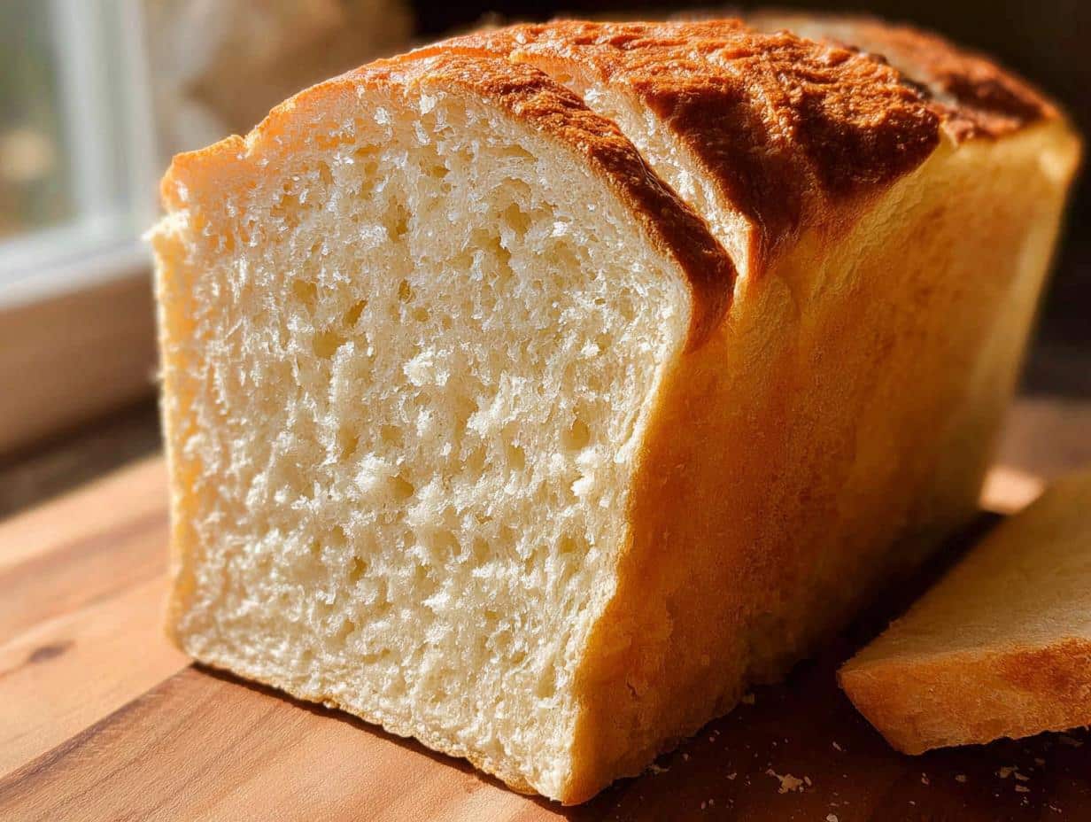A golden-crusted loaf of No-Yeast Sandwich Bread, sliced to show the soft, white interior crumb.