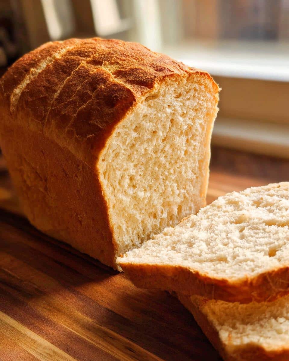 A golden-crusted loaf of No-Yeast Sandwich Bread, partially sliced on a wooden cutting board.