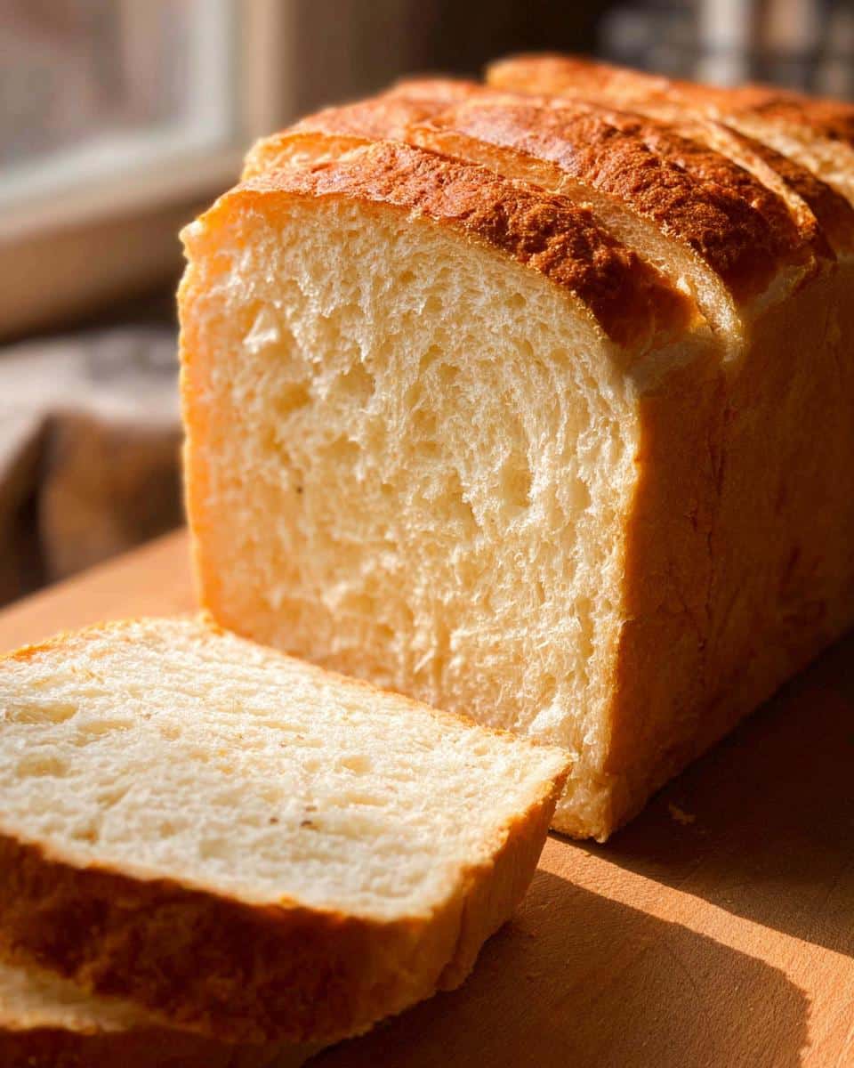 A close-up of a freshly baked loaf of No-Yeast Sandwich Bread, partially sliced on a wooden board.