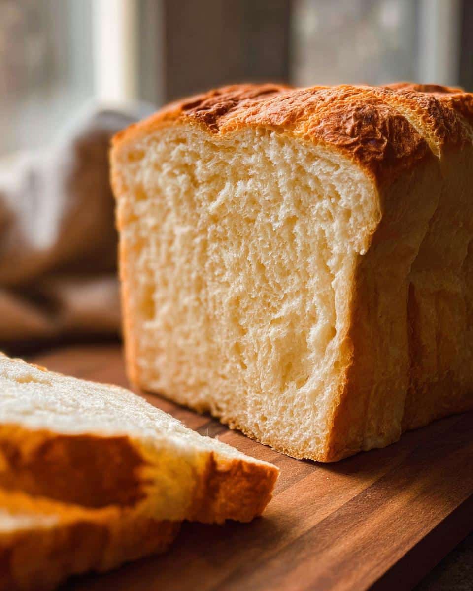 A freshly baked loaf of No-Yeast Sandwich Bread, sliced on a wooden cutting board.