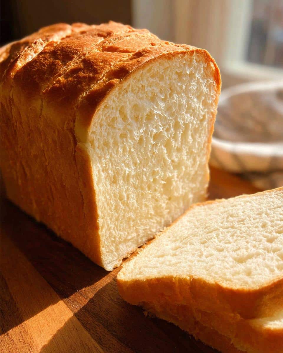 A golden-crusted loaf of No-Yeast Sandwich Bread, partially sliced on a wooden cutting board.