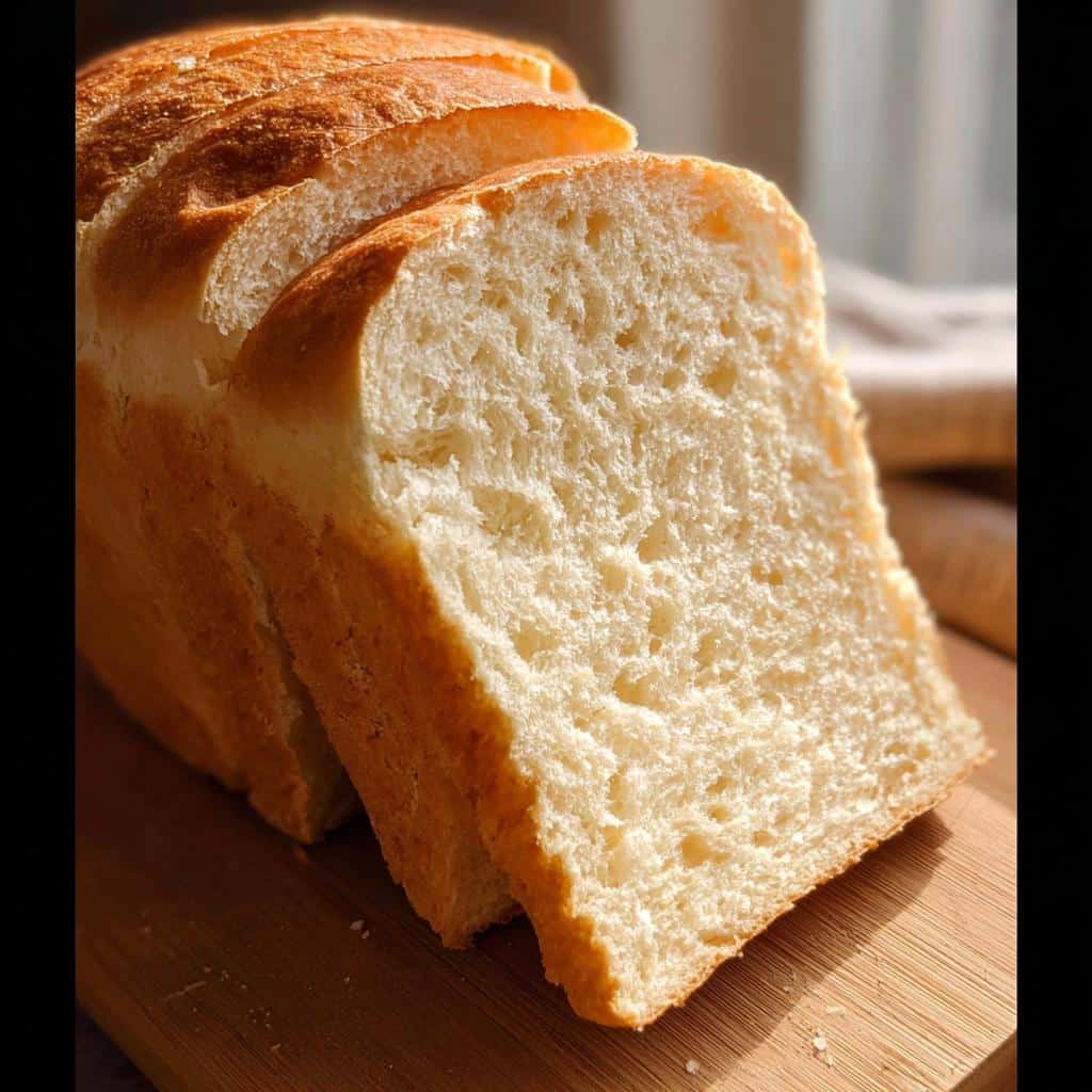 Close-up of freshly baked No-Yeast Sandwich Bread, showing a soft, white interior and golden crust, sliced on a wooden board.