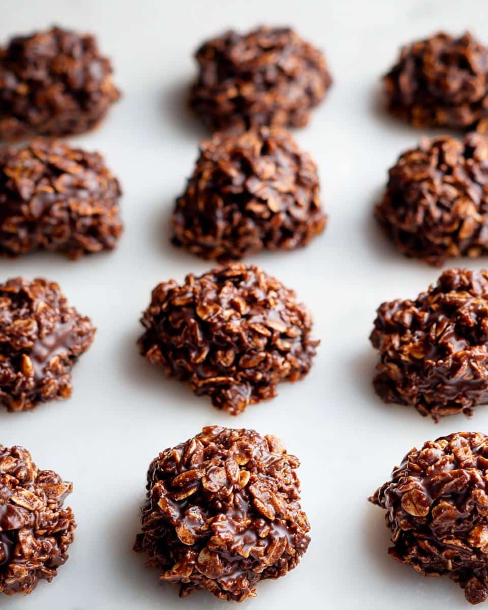 A grid of rich, chocolatey Oatmeal Coconut No-Bake Cookies set on a bright white surface.