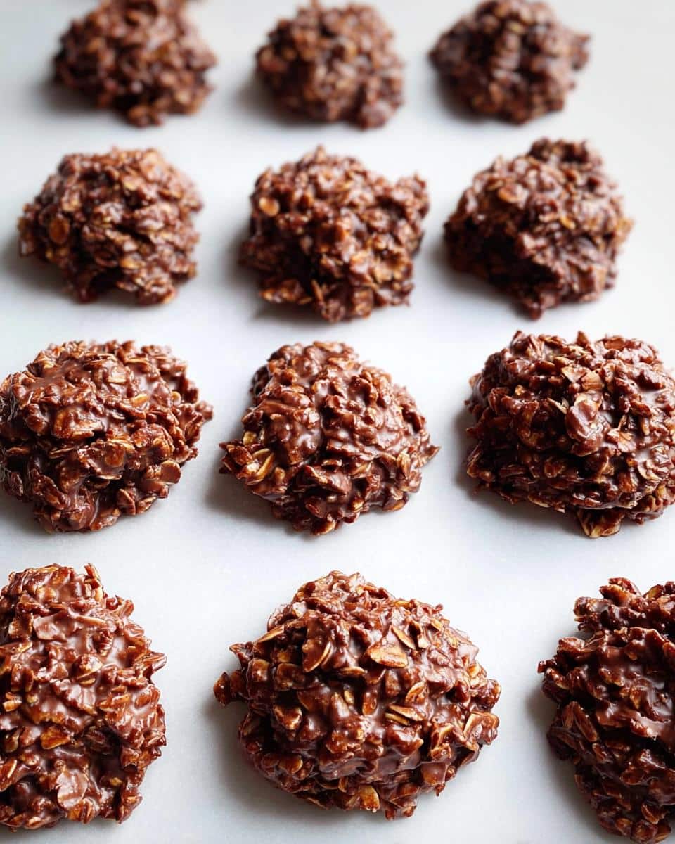 A top-down view of several rich, chocolatey Oatmeal Coconut No-Bake Cookies arranged in rows on a white surface.