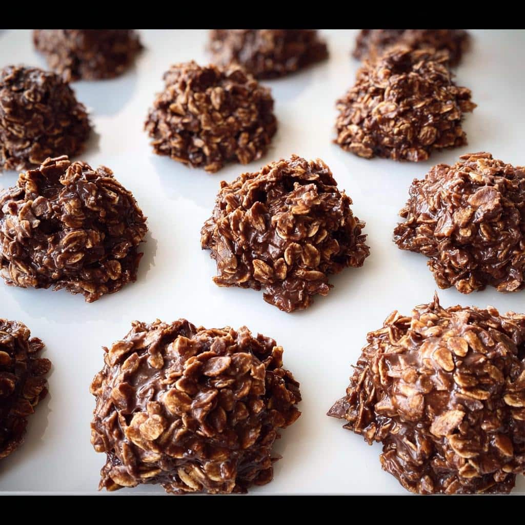 A close-up arrangement of freshly made Oatmeal Coconut No-Bake Cookies, showing their lumpy texture coated in rich chocolate.