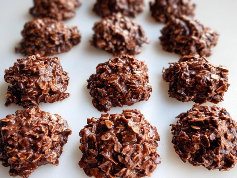 A close-up overhead view of several rich, chocolatey Oatmeal Coconut No-Bake Cookies arranged on a clean white surface.
