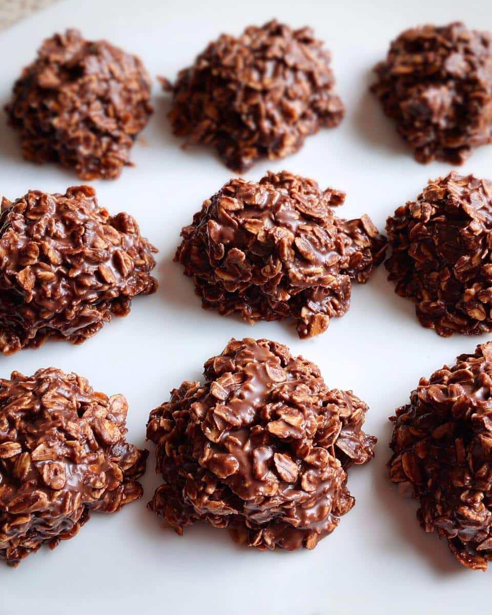 Arrangement of rich, chocolatey Oatmeal Coconut No-Bake Cookies set on a white surface.