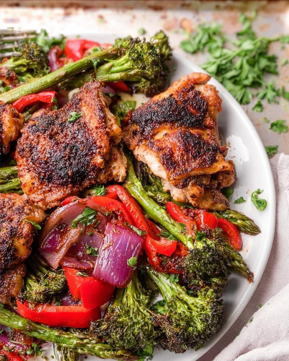 Crispy seasoned chicken thighs served with roasted broccoli, red peppers, and red onions in One Pan Chicken and Veggies (GF).