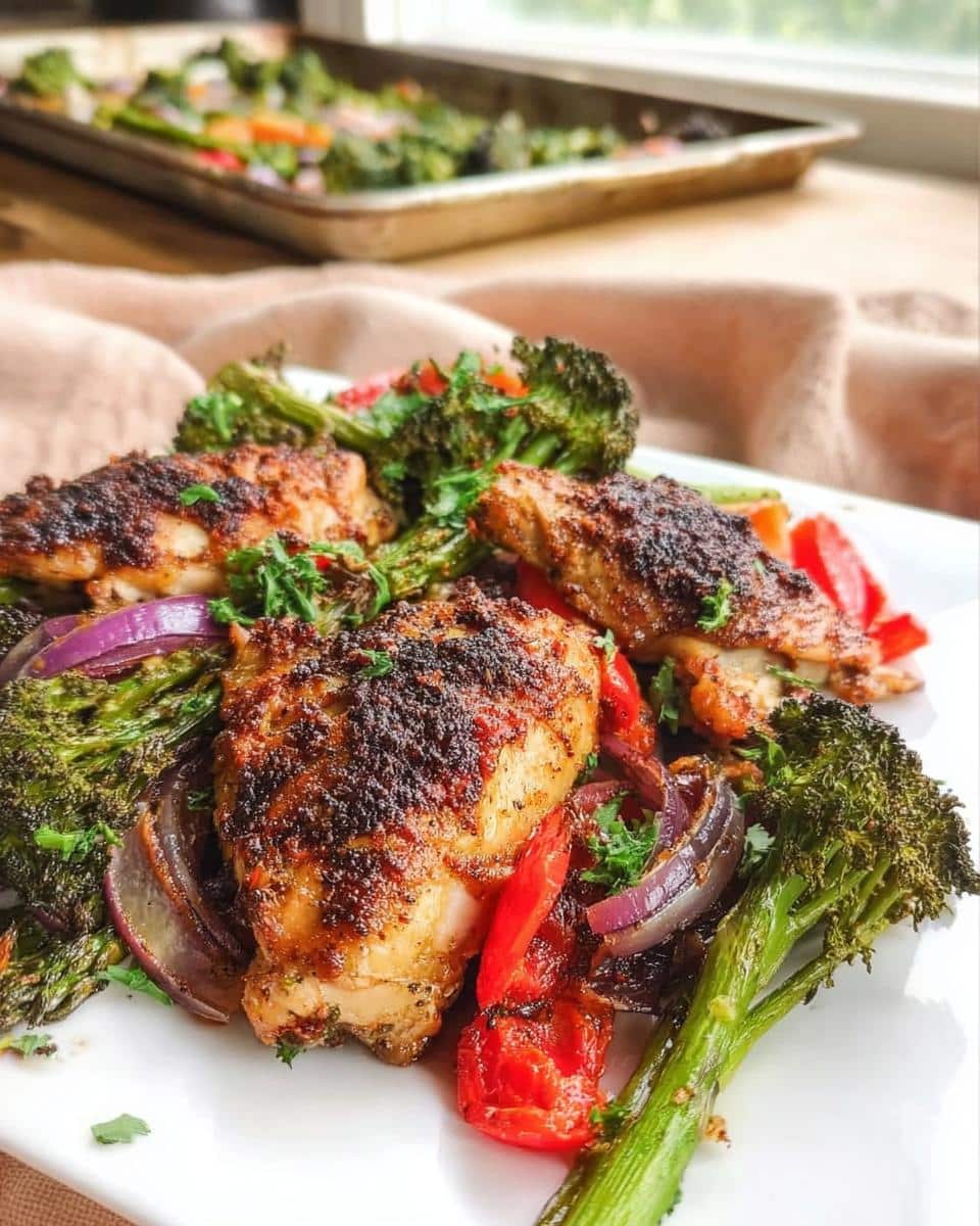Close-up of crispy seasoned chicken thighs served with roasted broccoli, red peppers, and red onion from the One Pan Chicken and Veggies recipe.