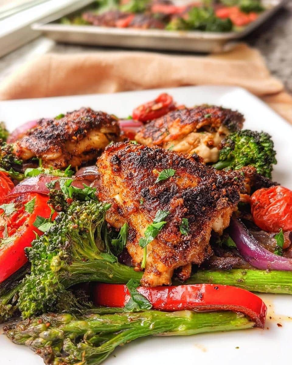 Close-up of seasoned, crispy chicken thighs served over roasted broccoli, asparagus, and red peppers in One Pan Chicken and Veggies.