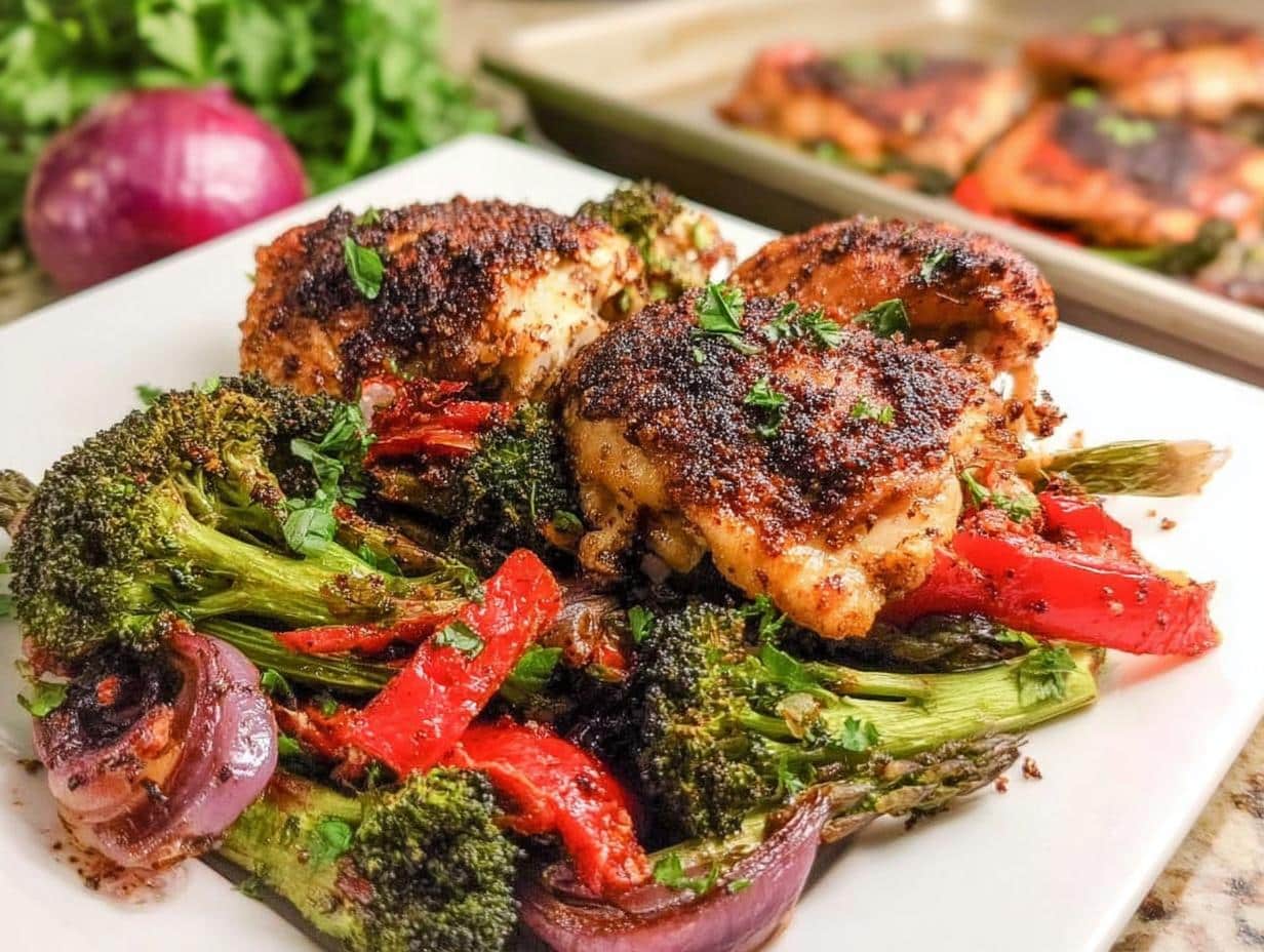 Plated serving of One Pan Chicken and Veggies featuring seasoned chicken thighs over roasted broccoli, red peppers, and onions.
