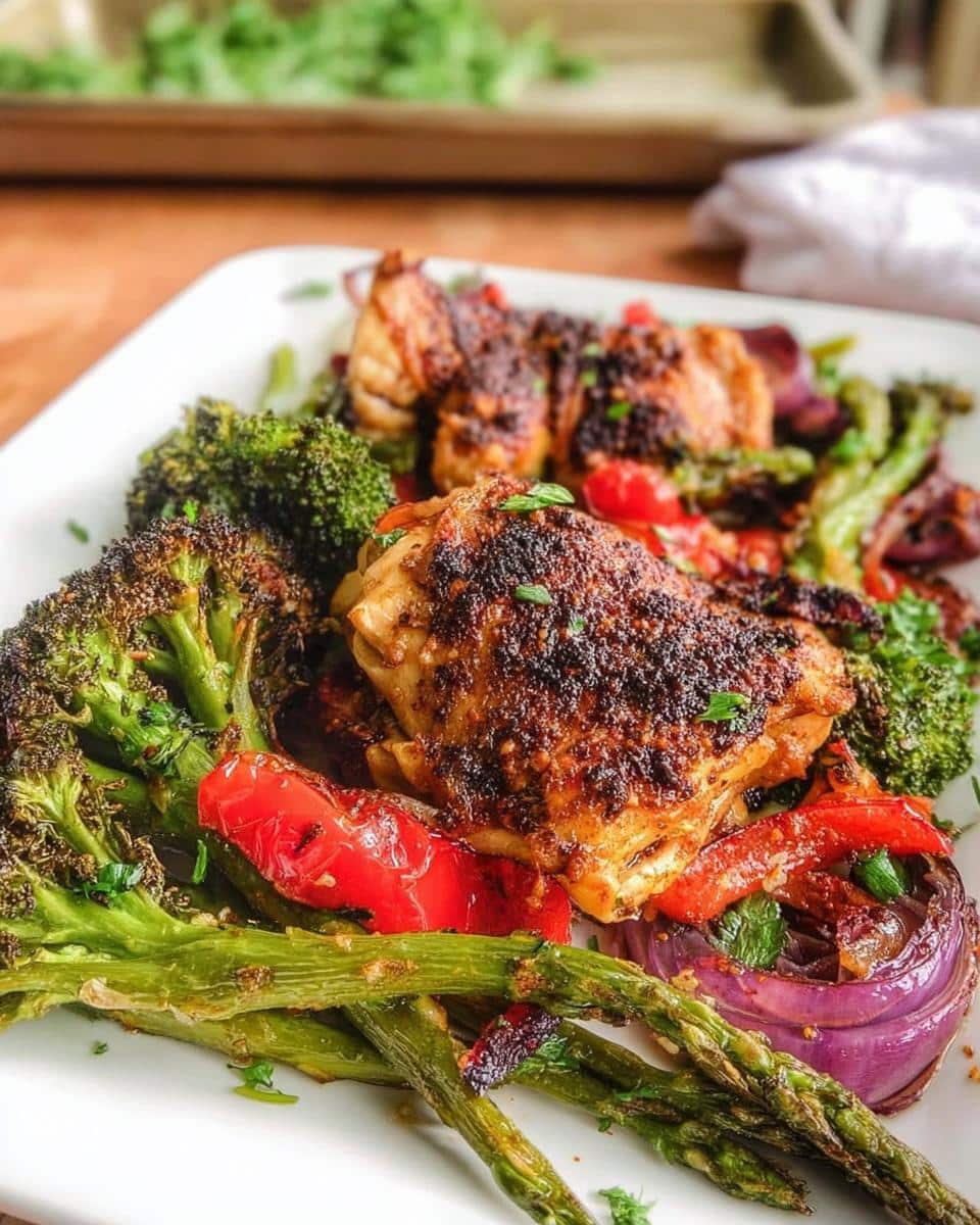 Close-up of a plate featuring seasoned, roasted chicken thighs served with charred broccoli, asparagus, red peppers, and red onion from the One Pan Chicken and Veggies (GF) recipe.