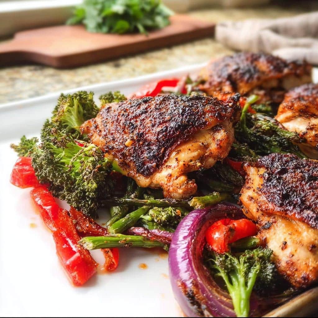 Close-up of crispy, seasoned chicken thighs served over roasted broccoli and red peppers in a One Pan Chicken and Veggies dish.