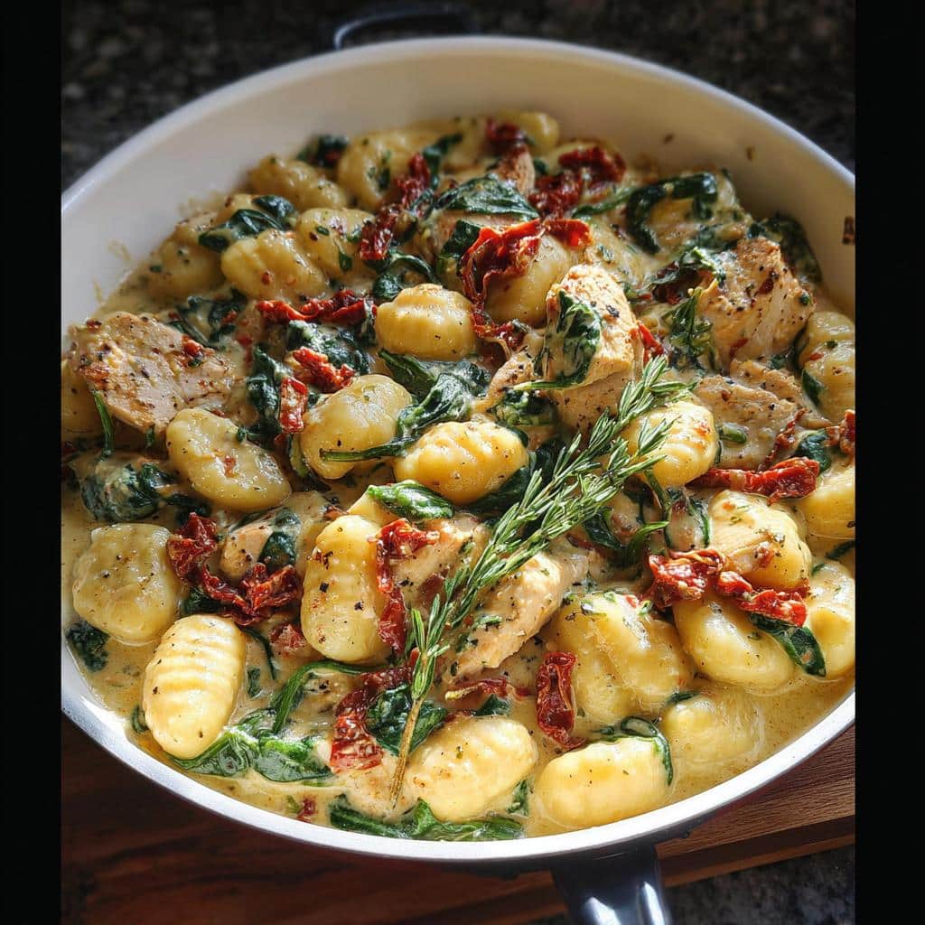 Close-up of Creamy Tuscan Gnocchi in a white pan with chicken, spinach, and sun-dried tomatoes.