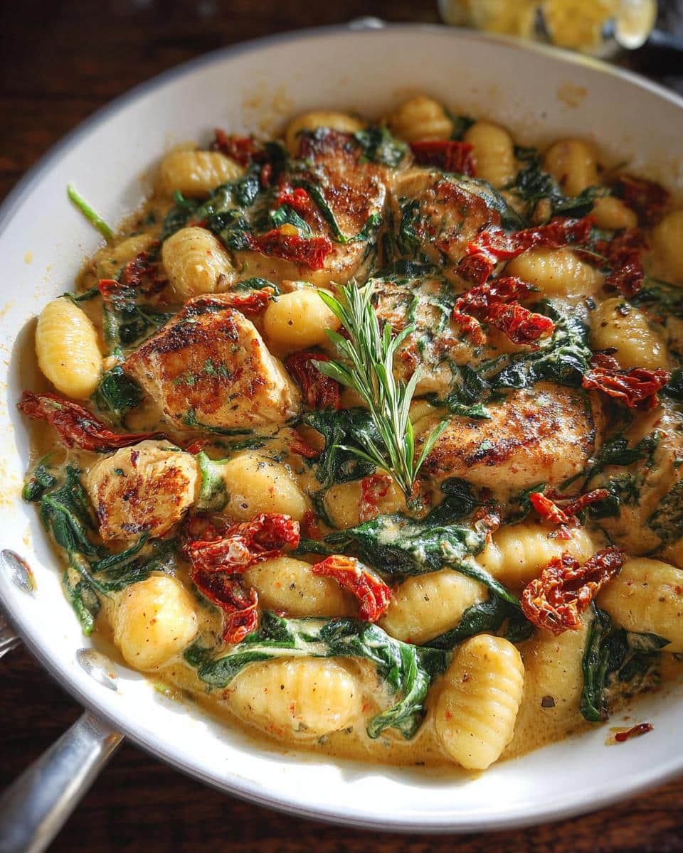 Close-up of Creamy Tuscan Gnocchi with seared chicken pieces, spinach, and sun-dried tomatoes in a white skillet.