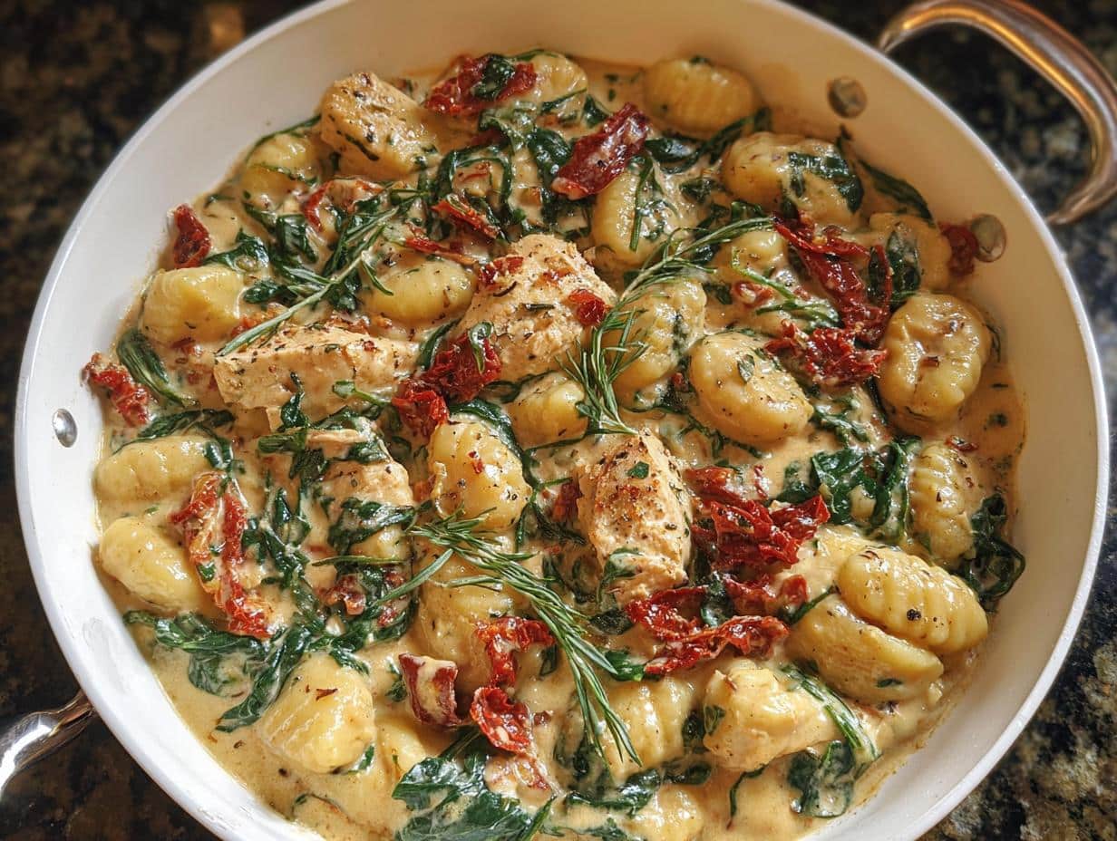Close-up of Creamy Tuscan Gnocchi cooked in a white pan with chicken, spinach, and sun-dried tomatoes.