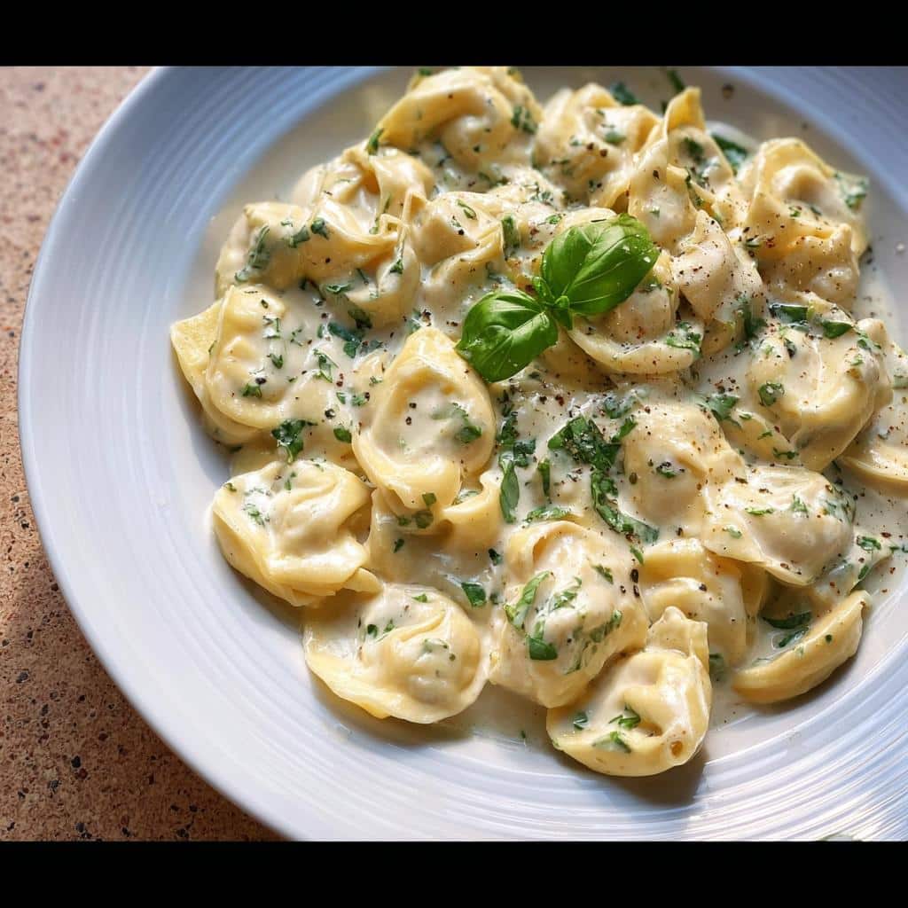 Close-up of One-Pot Creamy Tortellini with Basil in a rich white sauce, garnished with fresh basil.