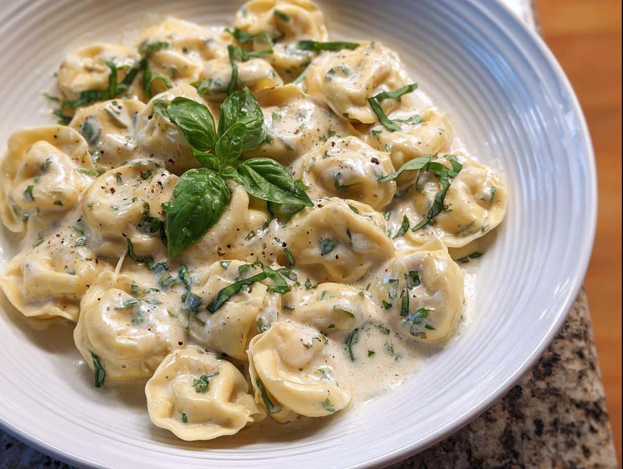 Close-up of One-Pot Creamy Tortellini with Basil garnished with fresh basil leaves.