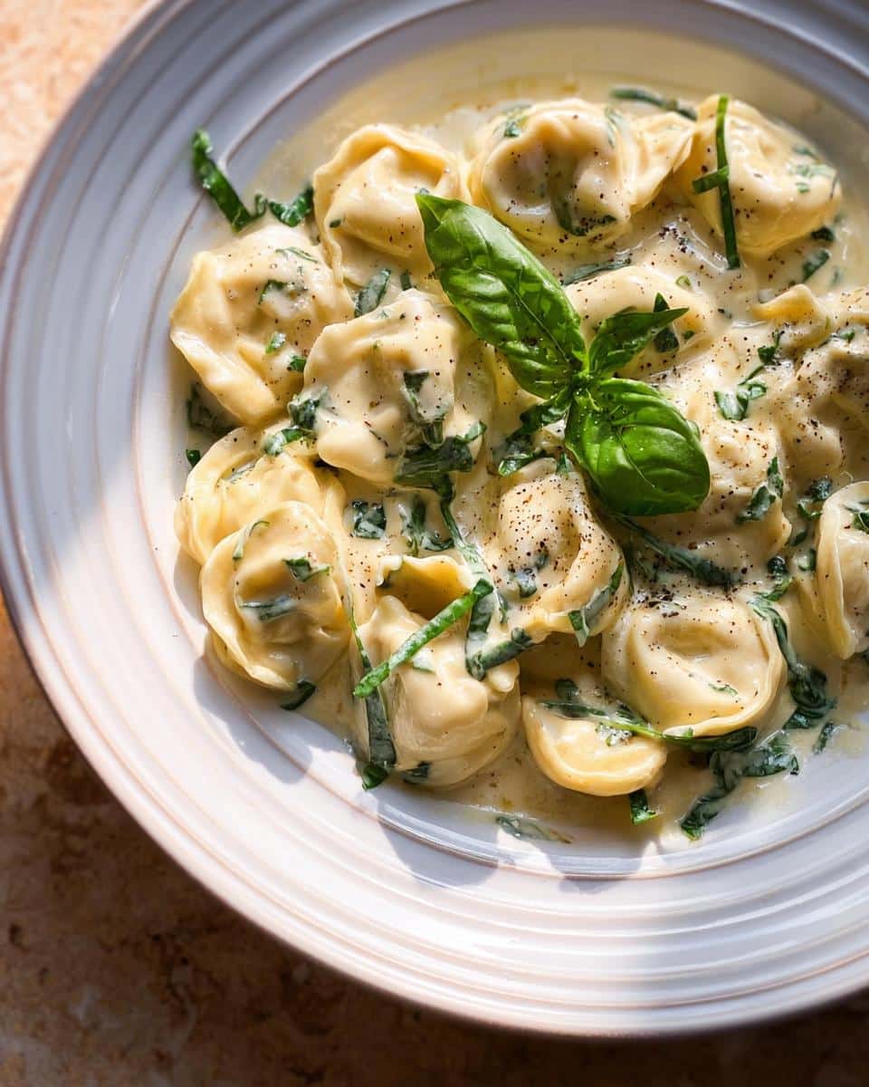 Close-up of One-Pot Creamy Tortellini with Basil served in a white bowl, topped with fresh basil.