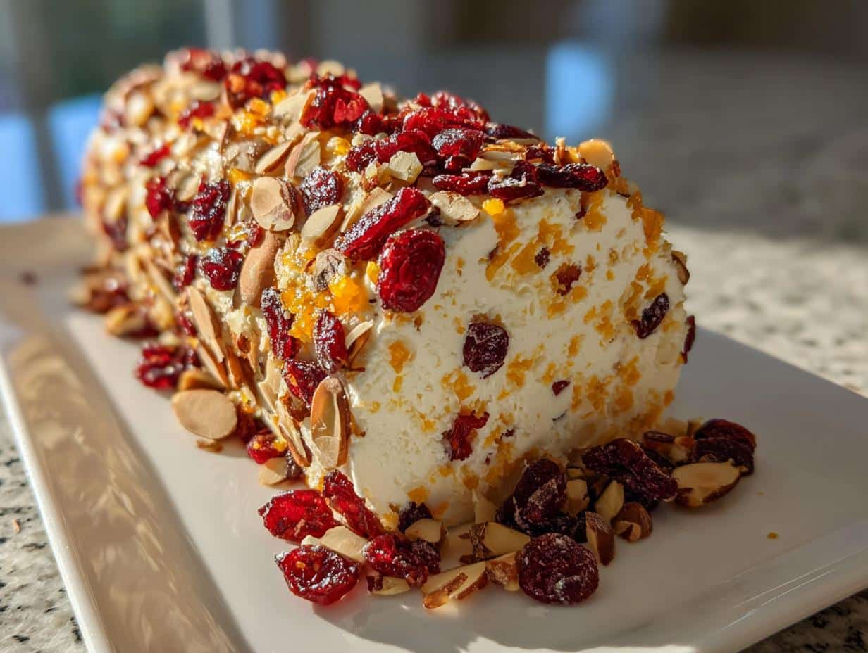 A log-shaped Orange-Cranberry Almond Cheese Wheel coated in dried cranberries and sliced almonds, served on a white platter.