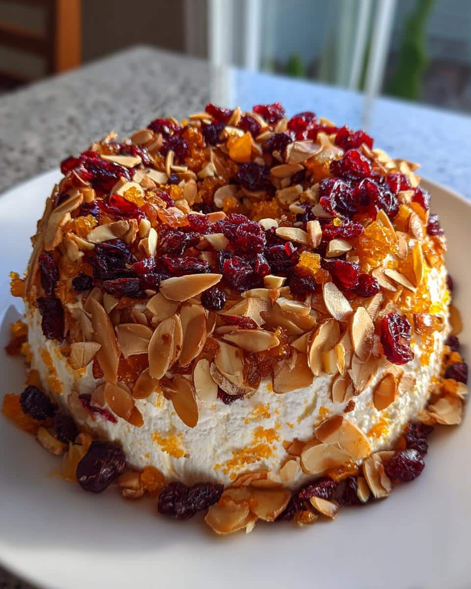 A beautifully decorated Orange-Cranberry Almond Cheese Wheel appetizer covered in dried cranberries, slivered almonds, and orange zest.