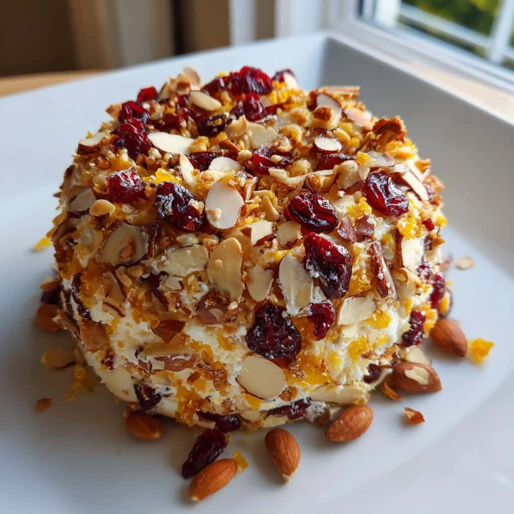 A beautifully coated Orange-Cranberry Almond Cheese Wheel on a white plate, topped with almonds and dried cranberries.
