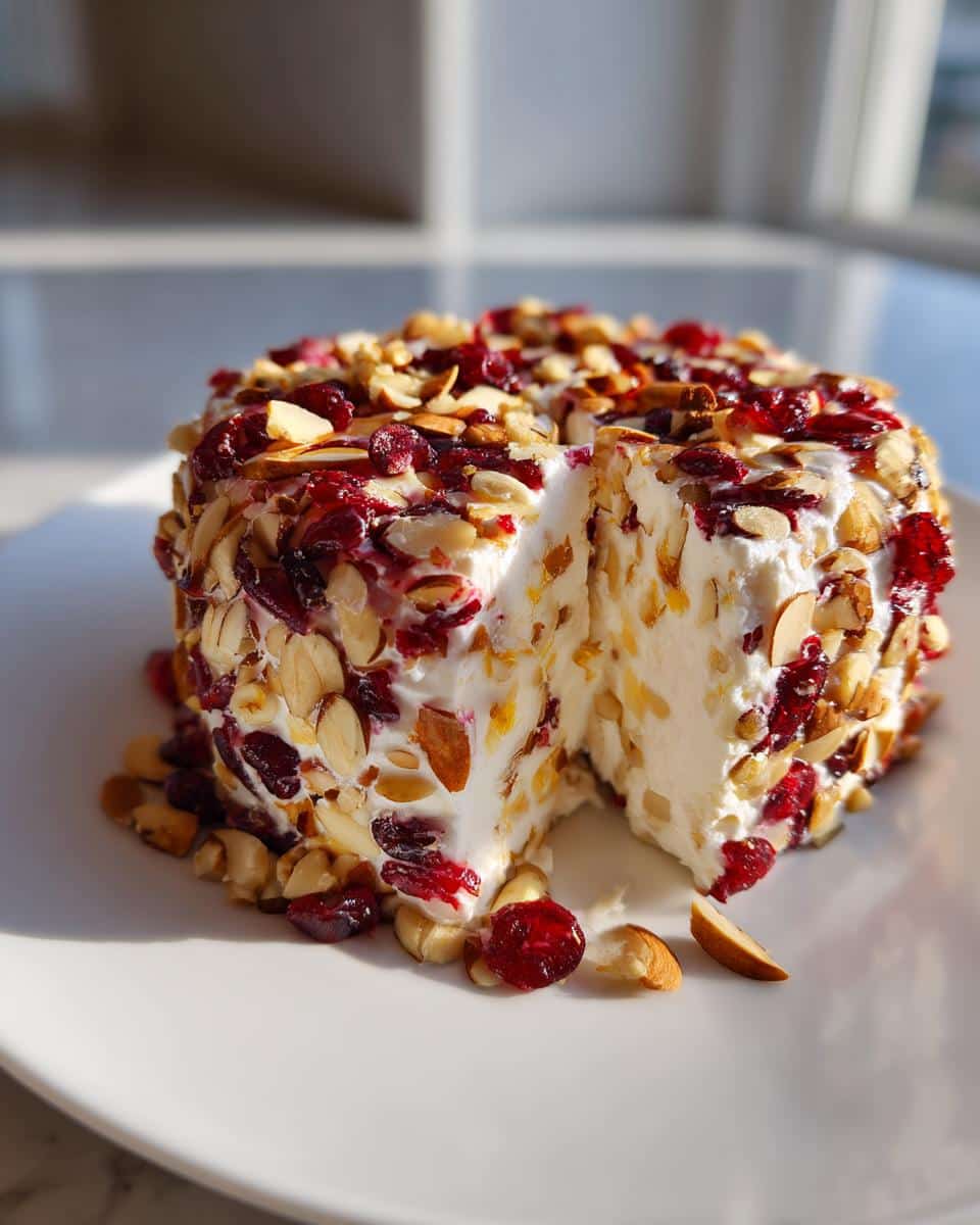 A creamy Orange-Cranberry Almond Cheese Wheel sitting on a white plate with one slice cut out, revealing the interior texture.